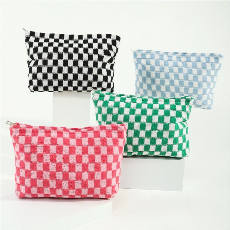 Fashion Checkerboard Wool Cosmetic Bag