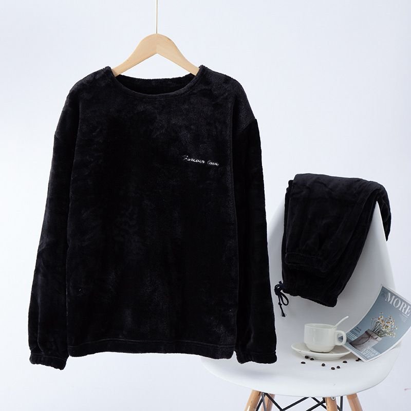 Men Autumn Winter Casual House Pajamas Solid Color Flannel Long Sleeve Lapel Top Trousers Sets