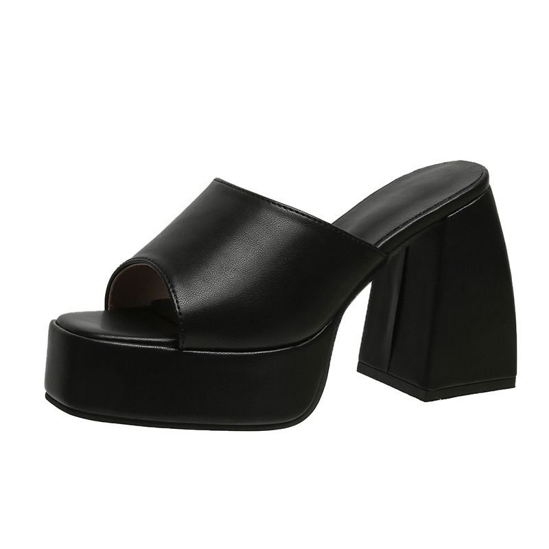 Women Fashion Square Toe Solid Color Chunky Heel Slippers Plus Size