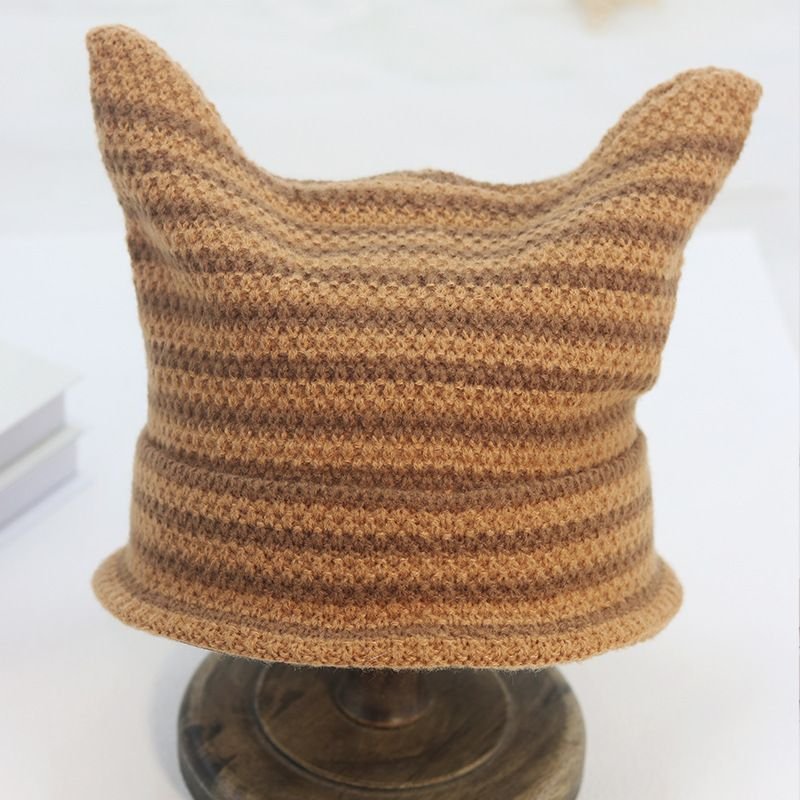 Autumn Winter Women Fashion Cute Cat Ears Stripe Warm Knitted Wool Hat