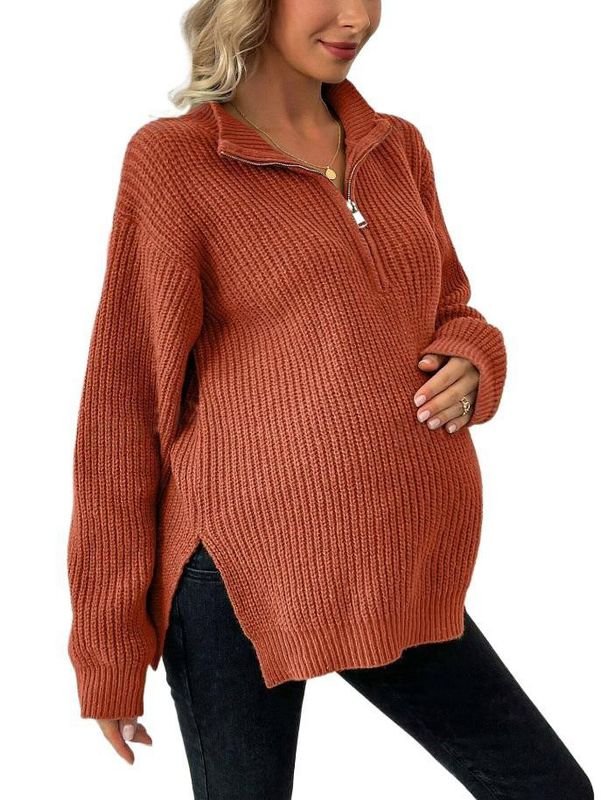 Autumn Winter Pregnant Women Fashion Half Zip Long Sleeve Knitted Sweater