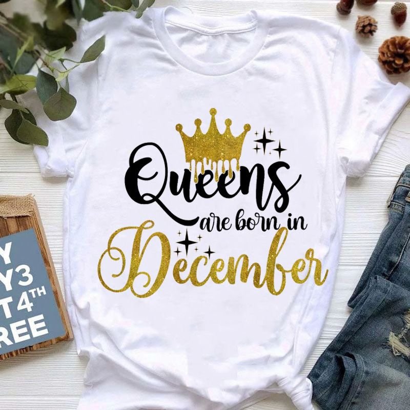 Fashion Women'S Short Sleeve Birthday Month Printed Crew Neck T-Shirt