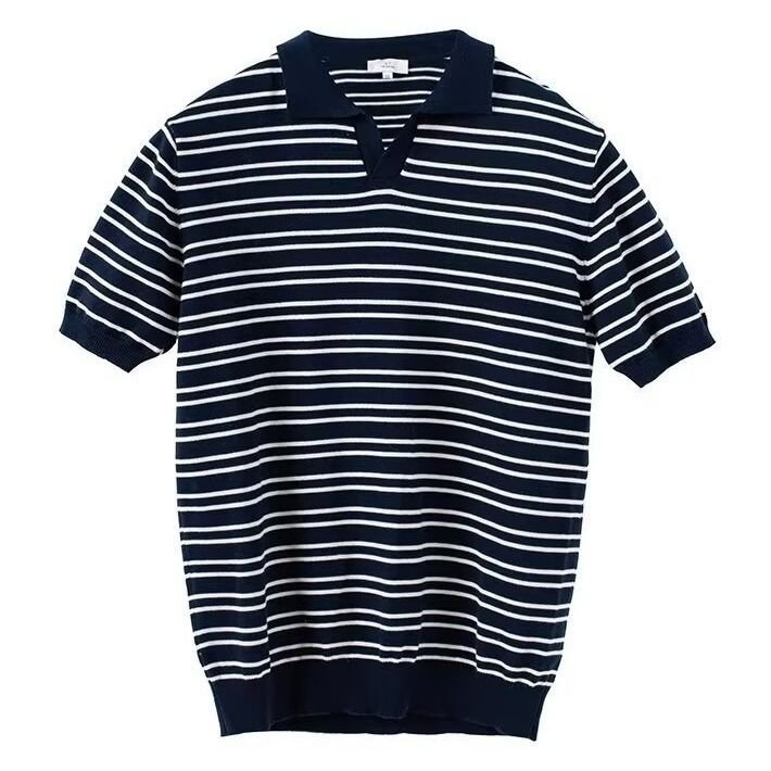 Men Fashion Casual Basic Stripe Print Short Sleeve Lapel POLO Shirt