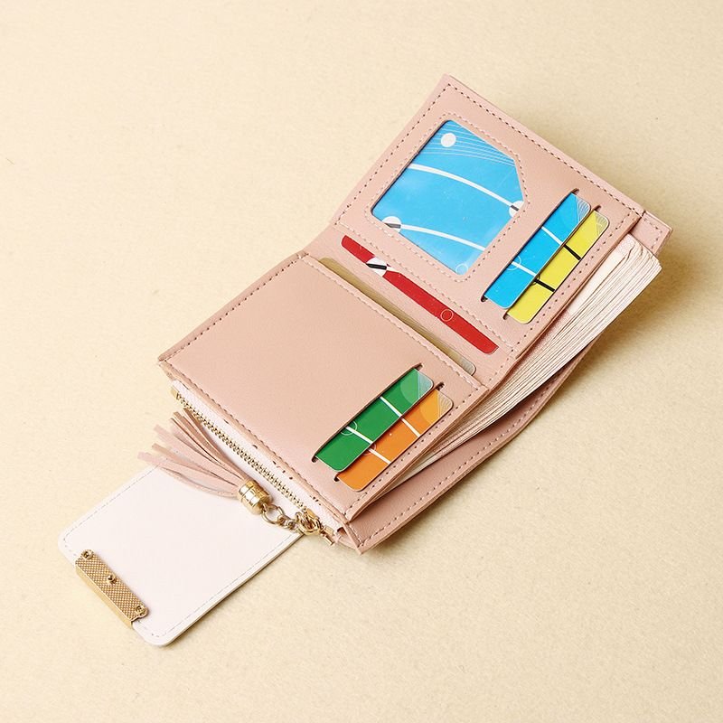 Women Fashion Leaf Print Tassel Pendant Square Mini Wallet