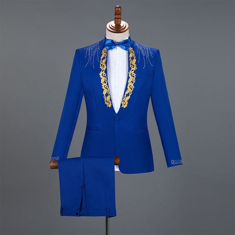 Men Fashion Casual Party Sequins Long Sleeve Stand Collar Suit Trousers Set