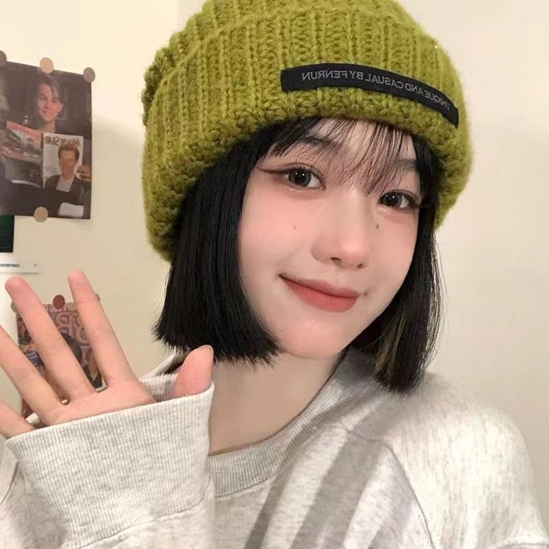 Women Autumn And Winter Patch Pile Big Head Wool Hat Knitted Beanie