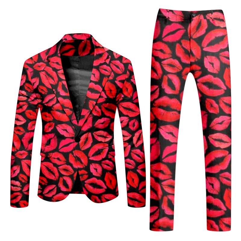 Men Fashion Casual Party Valentine Heart Shape Print Long Sleeve Lapel Suit Trousers Set